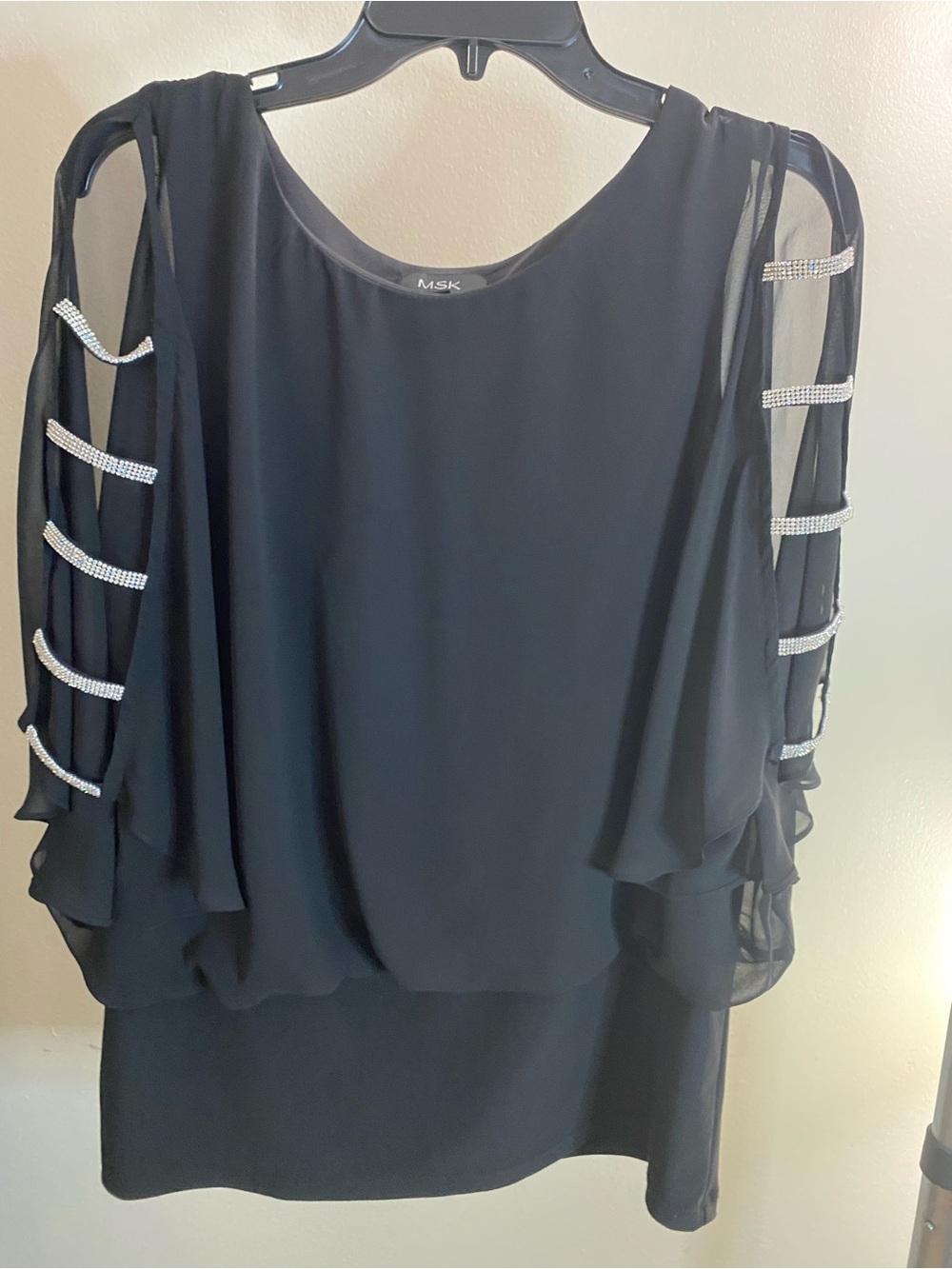 MSK Black Cold-Shoulder Blouse with Rhinestone Strap Detail